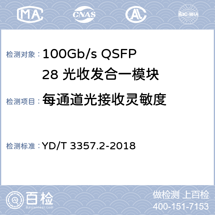 每通道光接收灵敏度 YD/T 3357.2-2018 100Gb/s QSFP28 光收发合一模块 第2部分：4×25Gb/s LR4