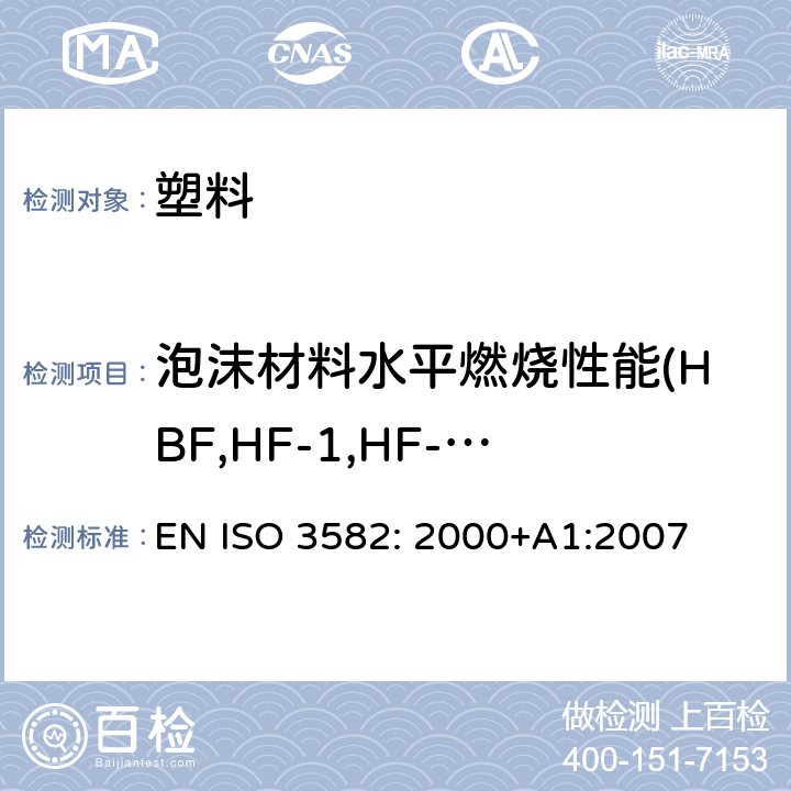 泡沫材料水平燃烧性能(HBF,HF-1,HF-2) 柔性泡沫聚合材料 - 小试样在小火焰条件下水平燃烧特性的实验室评定 EN ISO 3582: 2000+A1:2007