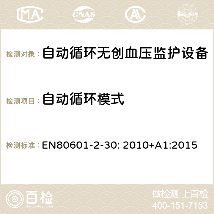 自动循环模式 EN 80601 医疗电气设备/第2-30部分:自动非侵入式血压测量计的基本安全和基本性能用特殊要求 
EN80601-2-30: 2010+A1:2015 201.105