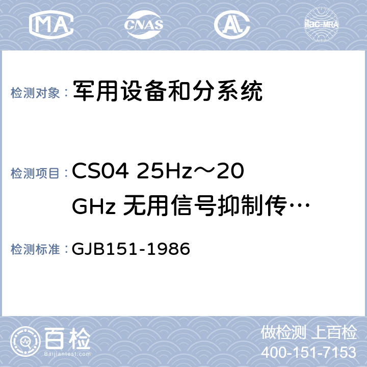 CS04 25Hz～20GHz 无用信号抑制传导敏感度（双信号发生器法） 军用设备和分系统电磁发射和敏感度要求 GJB151-1986 9