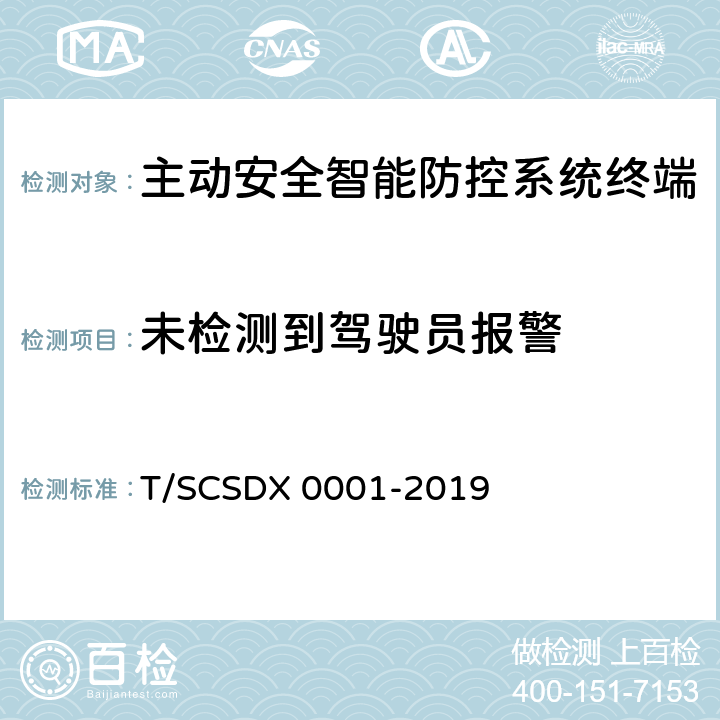 未检测到驾驶员报警 道路运输车辆主动安全智能防控系统技术规范 第2部分：终端机测试方法/第3部分：通讯协议（试行） T/SCSDX 0001-2019 5.2.5