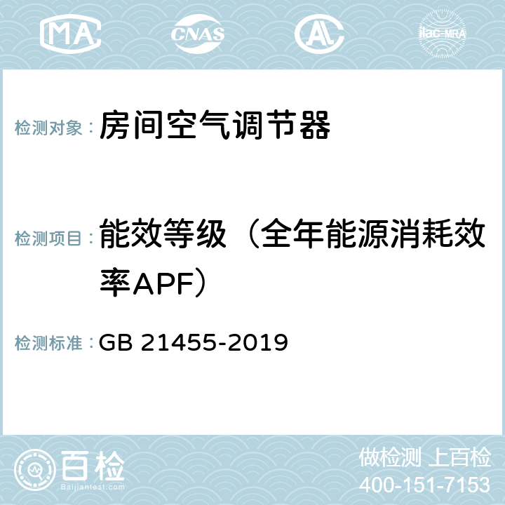 能效等级（全年能源消耗效率APF） 房间空气调节器能效限定值及能效等级 GB 21455-2019 4.1.2