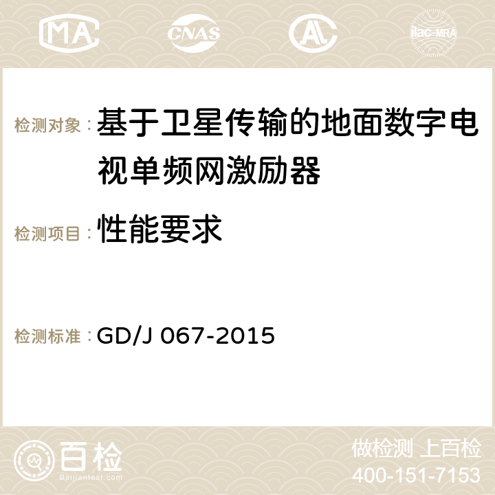 性能要求 基于卫星传输的地面数字电视单频网激励器技术要求和测量方法 GD/J 067-2015 5.1~5.19