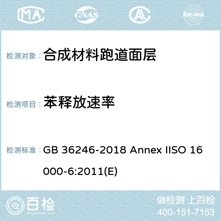 苯释放速率 中小学合成材料面层运动场地 附录I； 室内空气 第6部分: 使用Tenax TA吸附剂主动抽样，热解吸气相色谱质谱或质谱-FID法测定室内和试验室中的挥发性有机物含量 GB 36246-2018 Annex IISO 16000-6:2011(E) 附录I