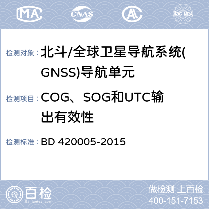 COG、SOG和UTC输出有效性 20005-2015 《北斗/全球卫星导航系统(GNSS)导航单元性能要求及测试方法》 BD 4 5.4.12