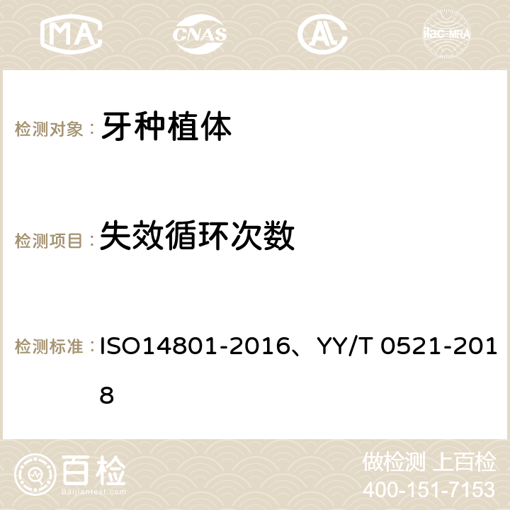 失效循环次数 骨内牙种植体动态疲劳试验 ISO14801-2016、YY/T 0521-2018 5