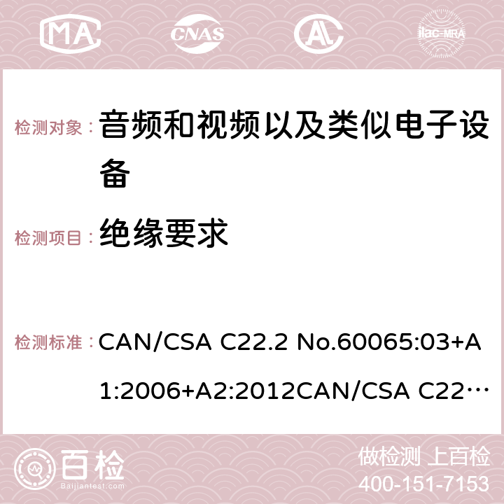 绝缘要求 音频和视频以及类似电子设备安全要求 CAN/CSA C22.2 No.60065:03+A1:2006+A2:2012
CAN/CSA C22.2 No.60065:16 10