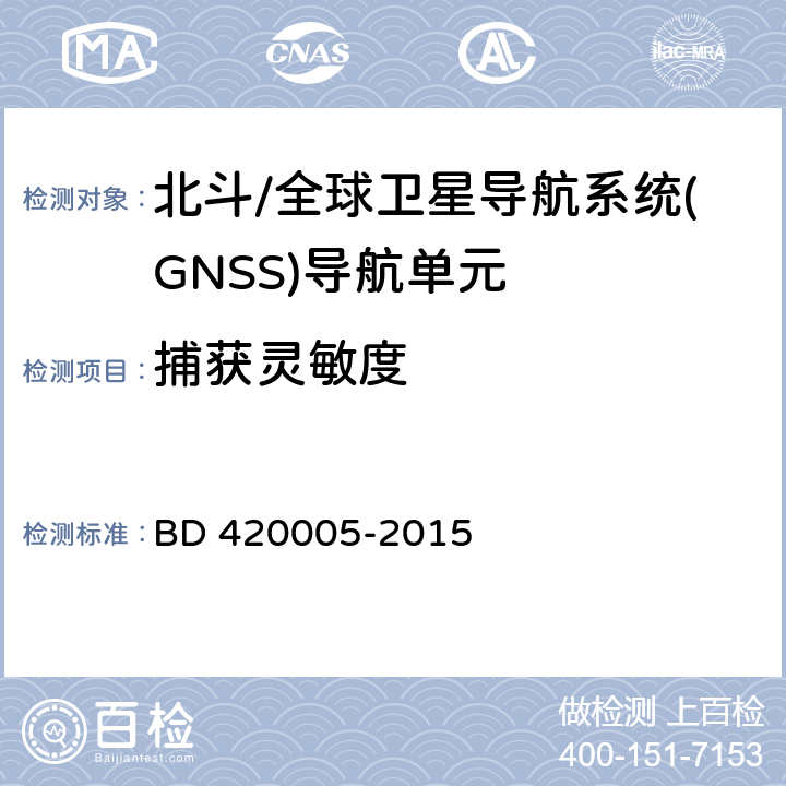 捕获灵敏度 《北斗/全球卫星导航系统(GNSS)导航单元性能要求及测试方法》 BD 420005-2015 5.4.7.1