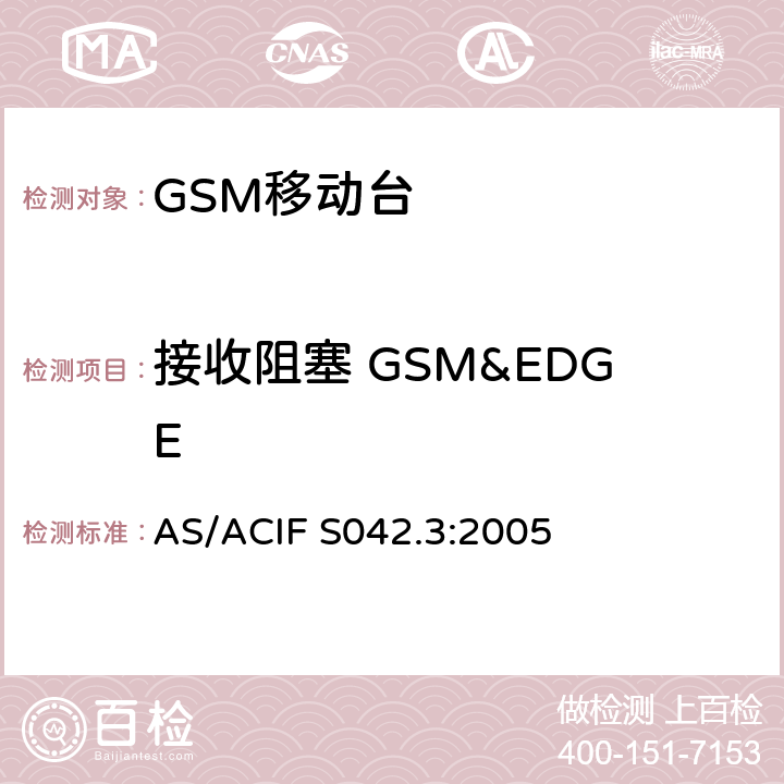 接收阻塞 GSM&EDGE 涵盖指令2014/53/EU第3.2条要求的全球移动通信系统（GSM）；移动台（MS）设备 AS/ACIF S042.3:2005 Clause4.2.20,4.2.21,4.2.22,4.2.23,4.2.24,4.2.25