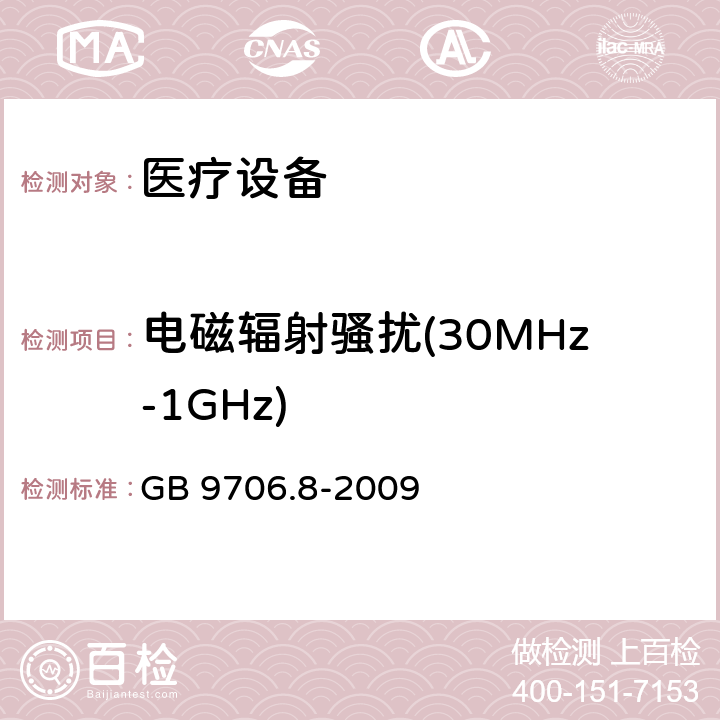 电磁辐射骚扰(30MHz-1GHz) 医用电气设备 第2-4部分:心脏除颤器安全专用要求 
GB 9706.8-2009 36.20