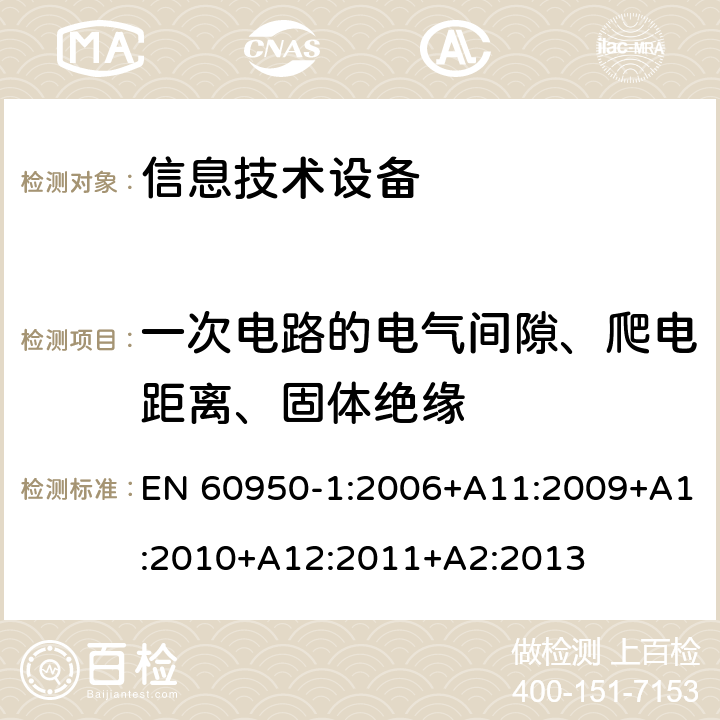 一次电路的电气间隙、爬电距离、固体绝缘 《信息技术设备安全-第一部分通用要求》 EN 60950-1:2006+A11:2009+A1:2010+A12:2011+A2:2013 2.10.3.3, 2.10.4, 2.10.5