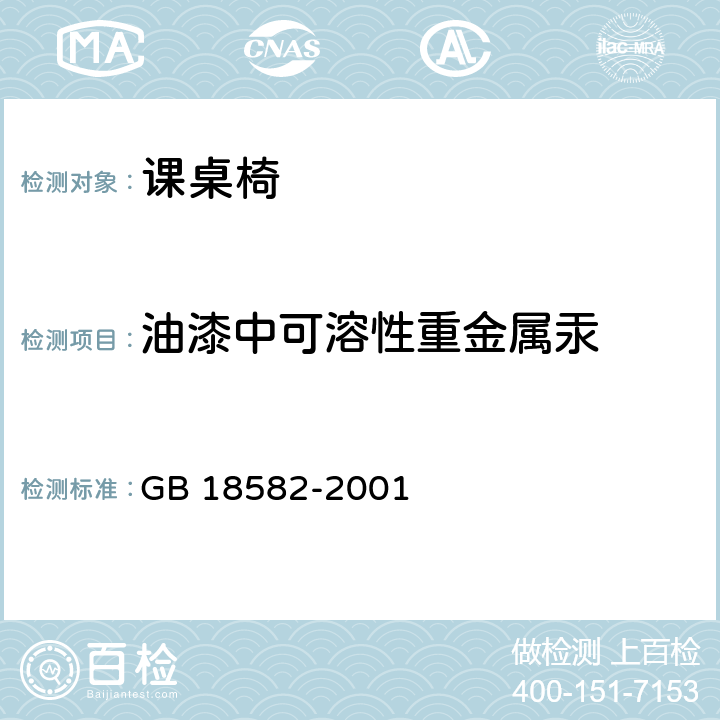 油漆中可溶性重金属汞 室内装饰装修材料 内墙涂料中有害物质限量 GB 18582-2001 附录D