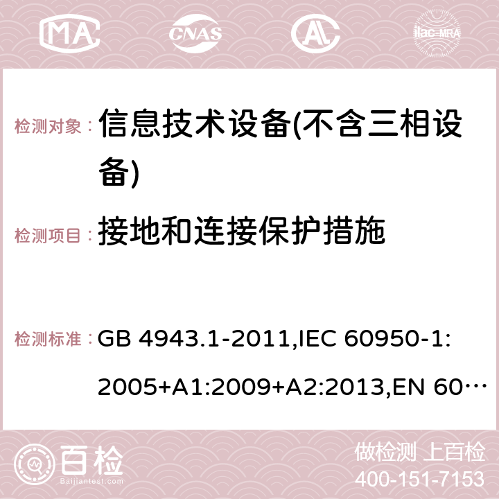 接地和连接保护措施 信息技术设备 – 安全 –第一部分: 通用标准 GB 4943.1-2011,IEC 60950-1:2005+A1:2009+A2:2013,EN 60950-1:2006+A11:2009+A1:2010+A12:2011+A2:2013 Clause2.6