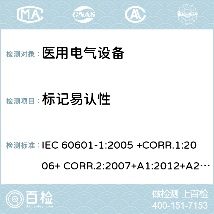 标记易认性 医用电气设备第1部分- 基本安全和基本性能的通用要求 IEC 60601-1:2005 +CORR.1:2006+ CORR.2:2007+A1:2012+A2:2020 EN 60601-1:2006+AC:2010+A1:2013+A12:2014 ANSI/AAMI ES60601-1:2005/(R)2012+A1:2012,C1:2009/(R)2012+A2:2010/(R)2012 7.1.2