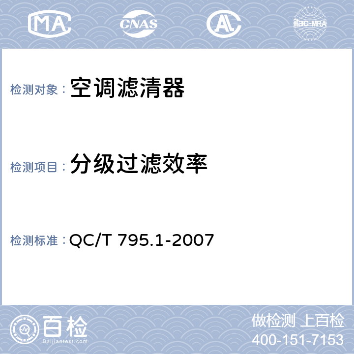 分级过滤效率 QC/T 795.1-2007 道路车辆 乘驾室用空气滤清器 第1部分:粉尘过滤测试