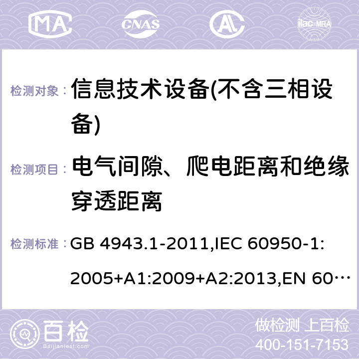 电气间隙、爬电距离和绝缘穿透距离 信息技术设备 – 安全 –第一部分: 通用标准 GB 4943.1-2011,IEC 60950-1:2005+A1:2009+A2:2013,EN 60950-1:2006+A11:2009+A1:2010+A12:2011+A2:2013 Clause2.10