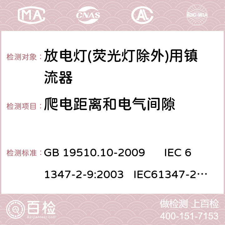 爬电距离和电气间隙 灯的控制装置 第10部分：放电灯（荧光等除外） 用镇流器的特殊要求 GB 19510.10-2009 IEC 61347-2-9:2003 IEC61347-2-9-am1:2003-09;Ed.1.1:2003-11;-am2:2006-06
AS/NZS 61347.2.9:2004 18