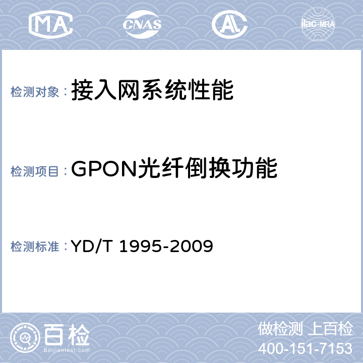 GPON光纤倒换功能 YD/T 1995-2009 接入网设备测试方法 吉比特的无源光网络(GPON)