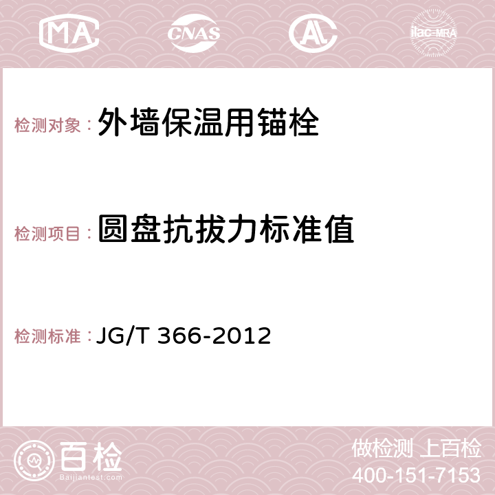 圆盘抗拔力标准值 《外墙保温用锚栓》 JG/T 366-2012 7.5