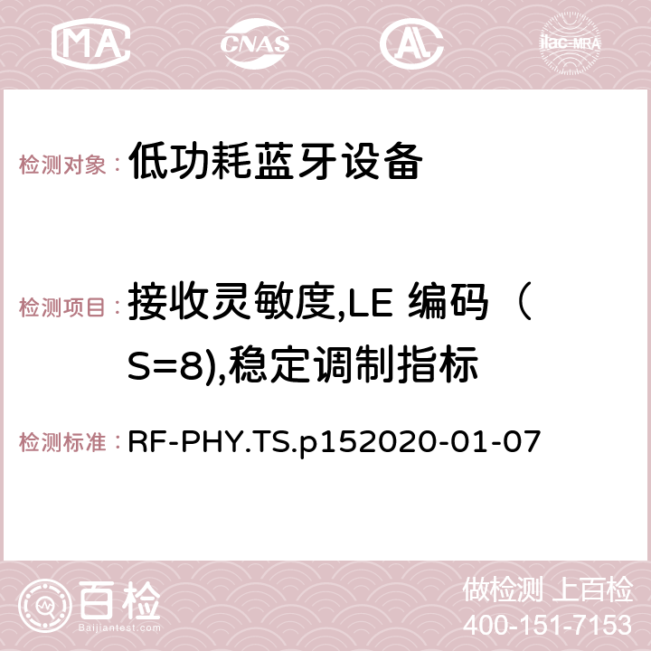 接收灵敏度,LE 编码（S=8),稳定调制指标 蓝牙低功耗射频PHY测试规范 RF-PHY.TS.p15
2020-01-07 4.5.32