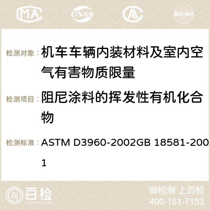 阻尼涂料的挥发性有机化合物 ASTM D3960-2002 色漆和有关涂料中挥发性有机化合物(VOC)含量测定规程 室内装饰装修材料 溶剂型木器涂料中有害物质限量 GB 18581-2001 4.2