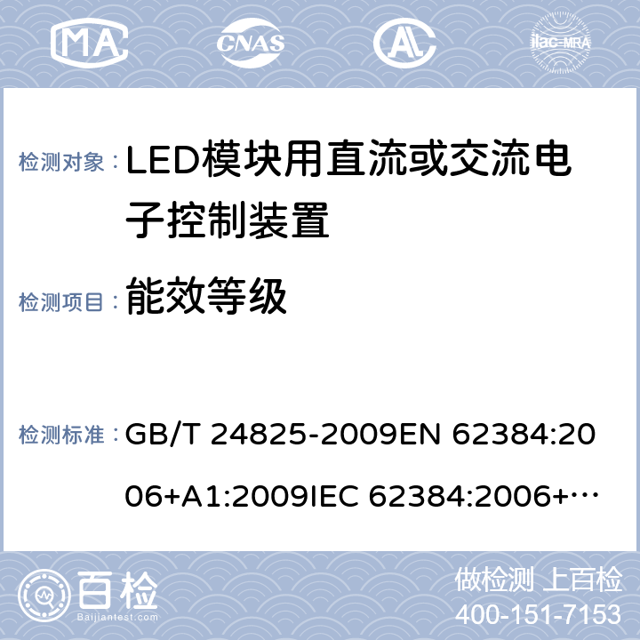 能效等级 LED模块用直流或交流电子控制装置 性能要求 GB/T 24825-2009
EN 62384:2006+A1:2009
IEC 62384:2006+A1:2009 5