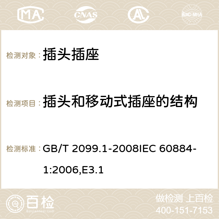 插头和移动式插座的结构 家用和类似用途插头插座 第1部分：通用要求 GB/T 2099.1-2008
IEC 60884-1:2006,E3.1 14