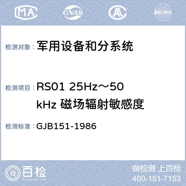 RS01 25Hz～50kHz 磁场辐射敏感度 军用设备和分系统电磁发射和敏感度要求 GJB151-1986 17