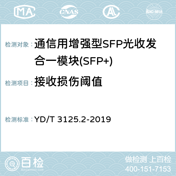 接收损伤阈值 通信用增强型SFP光收发合一模块(SFP+) 第 2 部分：25Gbit/s YD/T 3125.2-2019 7.3.14