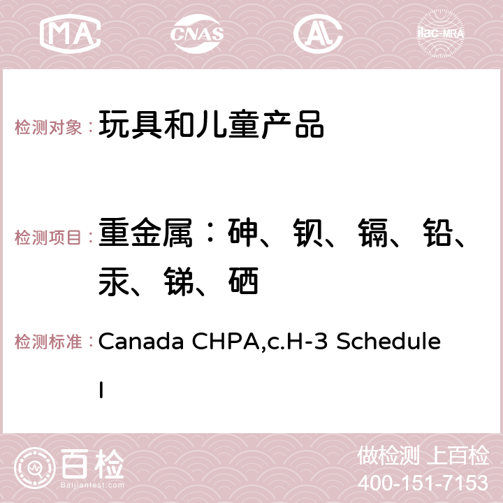 重金属：砷、钡、镉、铅、汞、锑、硒 加拿大《危险产品法案》附录I的第I部分章节9 Canada CHPA,c.H-3 Schedule I part I, section 9:201