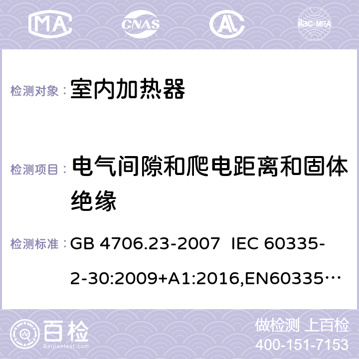 电气间隙和爬电距离和固体绝缘 家用和类似用途电器的安全 室内加热器的特殊要求 GB 4706.23-2007 IEC 60335-2-30:2009+A1:2016,
EN60335-2-30:2009+A11:2012+AC:2014+A1:2020,
AS/NZS60335.2.30:2015 RUL:2019 +A3:2020 29