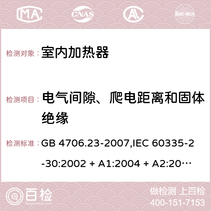 电气间隙、爬电距离和固体绝缘 家用和类似用途电器的安全 第2-30部分:室内加热器的特殊要求 GB 4706.23-2007,IEC 60335-2-30:2002 + A1:2004 + A2:2007,IEC 60335-2-30:2009 + cor1:2014+A1:2016,AS/NZS 60335.2.30:2009 + A1:2010 + A2:2014 + A3:2015,AS/NZS 60335.2.30:2015 + A1:2015 + A2:2017 + RUL1:2019 + A3:2020,EN 60335-2-30:2009 + A11:2012 + AC:2014 + A1:2020 29