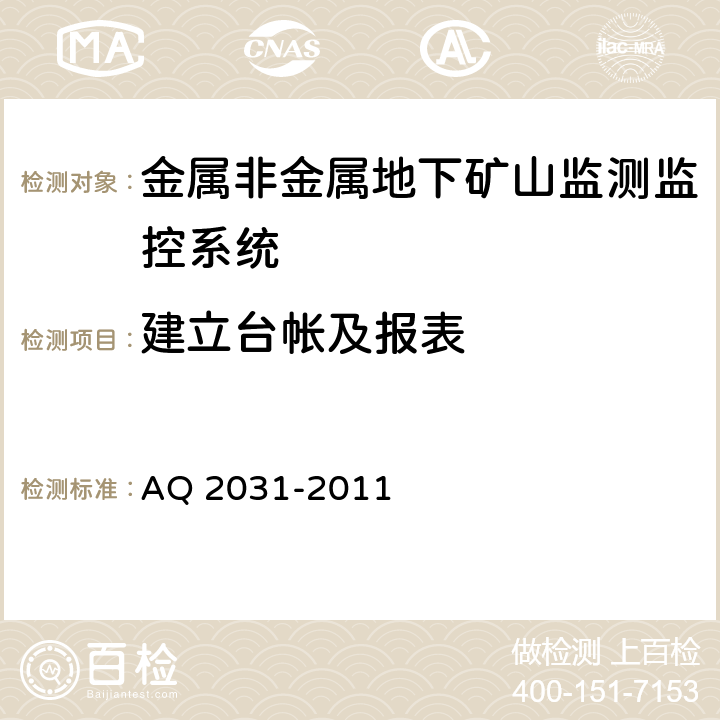建立台帐及报表 Q 2031-2011 《金属非金属地下矿山监测监控系统建设规范》 A 9.5