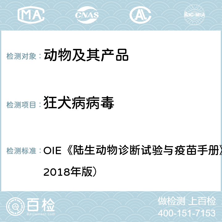 狂犬病病毒 狂犬病（感染狂犬病病毒及其他狂犬病病毒属病毒） OIE《陆生动物诊断试验与疫苗手册》第3.1.17章（2018年版）