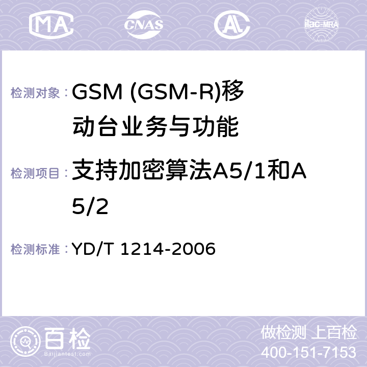 支持加密算法A5/1和A5/2 900/1800MHz TDMA数字蜂窝移动通信网通用分组无线业务(GPRS)设备技术要求：移动台 YD/T 1214-2006 5.3.15