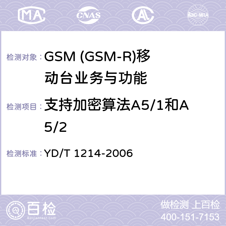 支持加密算法A5/1和A5/2 YD/T 1214-2006 900/1800MHz TDMA数字蜂窝移动通信网通用分组无线业务(GPRS)设备技术要求:移动台