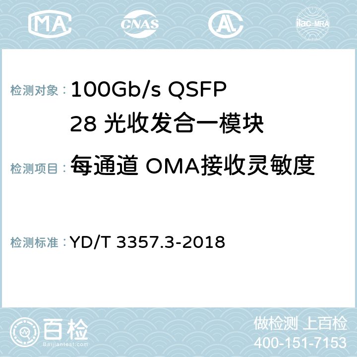 每通道 OMA接收灵敏度 YD/T 3357.3-2018 100Gb/s QSFP28 光收发合一模块 第3部分：4×25Gb/s CLR4