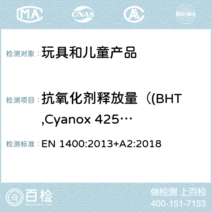 抗氧化剂释放量（(BHT,Cyanox 425, Antioxidant 2246, Wingstay L,Irganox 1520, Irganox 1726)） 儿童使用和护理用品-婴幼儿抚慰奶嘴－安全要求和测试方法 EN 1400:2013+A2:2018 10.5