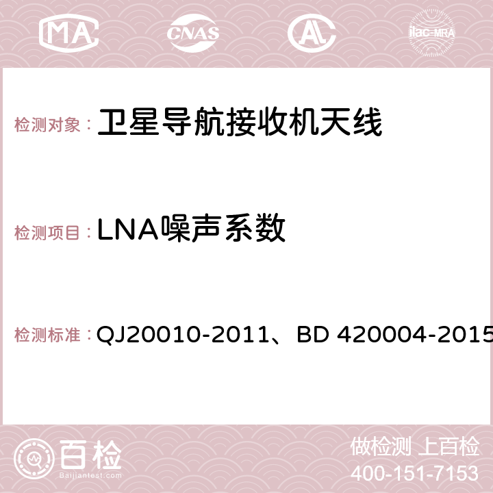 LNA噪声系数 卫星导航接收机天线性能要求及测试方法、北斗/全球卫星导航系统（GNSS）导航型天线性能要求及测试方法 QJ20010-2011、BD 420004-2015 7.3.11,5.7.4