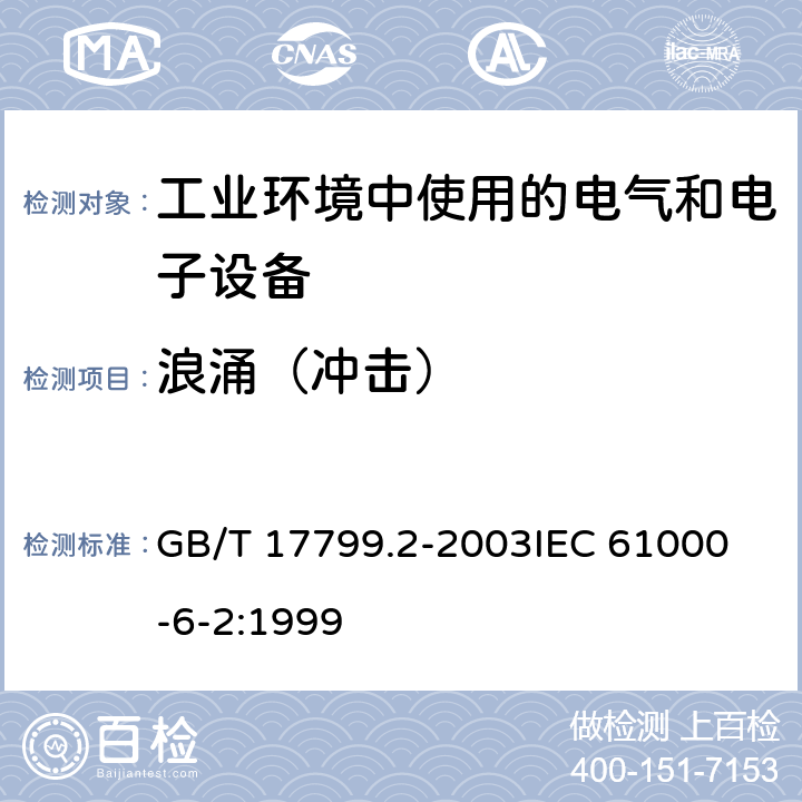 浪涌（冲击） 电磁兼容 通用标准 工业环境中的抗扰度试验 GB/T 17799.2-2003
IEC 61000-6-2:1999