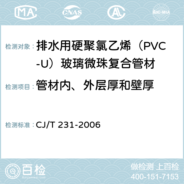 管材内、外层厚和壁厚 《排水用硬聚氯乙烯（PVC-U）玻璃微珠复合管材》 CJ/T 231-2006 6.3.2