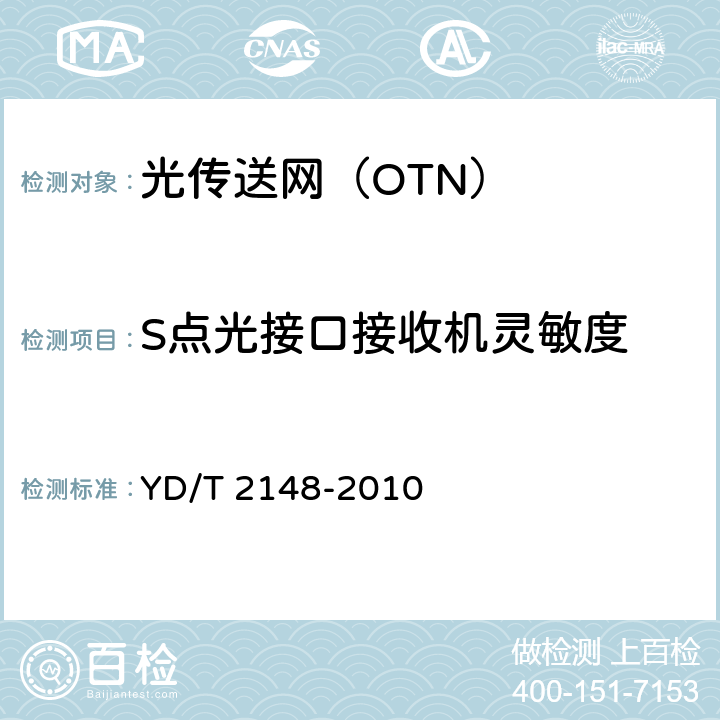 S点光接口接收机灵敏度 《光传送网（OTN）测试方法》 YD/T 2148-2010 6.2