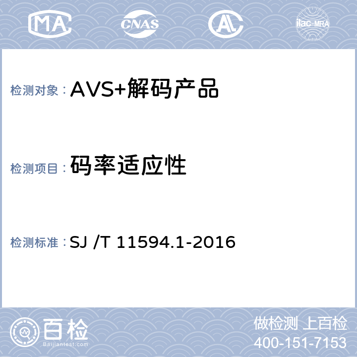 码率适应性 数字电视接收终端音视频解码技术要求及测量方法 第1部分：视频（AVS+） SJ /T 11594.1-2016 7.1