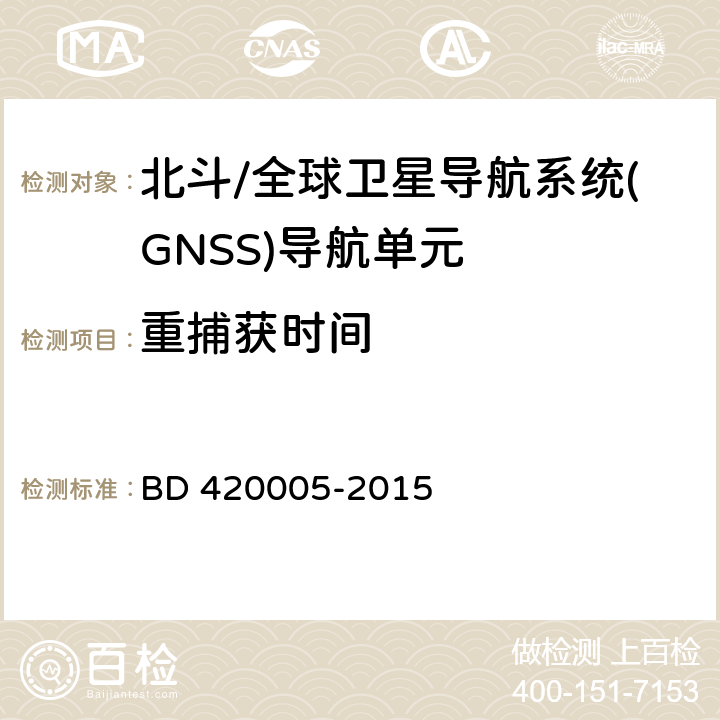 重捕获时间 《北斗/全球卫星导航系统(GNSS)导航单元性能要求及测试方法》 BD 420005-2015 5.4.6