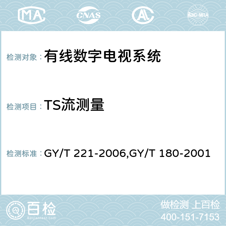 TS流测量 有线数字电视系统技术要求和测量方法、HFC网络上行传输物理通道技术规范 GY/T 221-2006,GY/T 180-2001 5.1