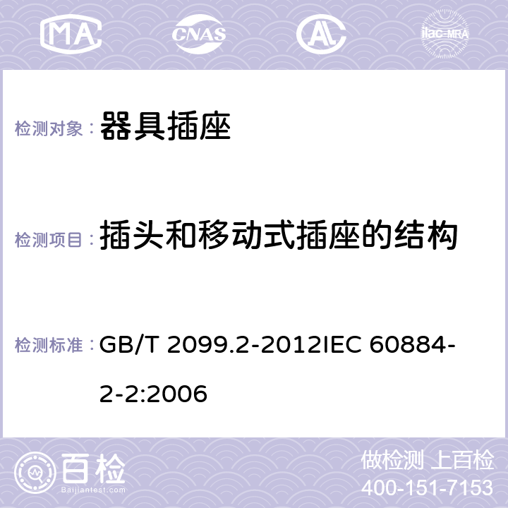 插头和移动式插座的结构 家用和类似用途插头插座 第2部分：器具插座的特殊要求 GB/T 2099.2-2012
IEC 60884-2-2:2006 14