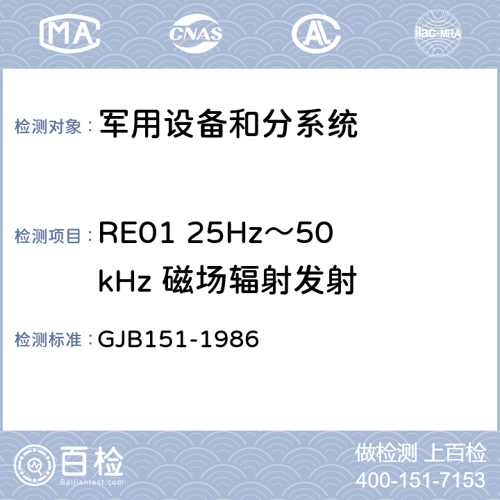 RE01 25Hz～50kHz 磁场辐射发射 军用设备和分系统电磁发射和敏感度要求 GJB151-1986 14