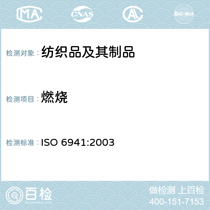 燃烧 ISO 6941-2003 纺织织物 燃烧性能 垂直定向样品延燃性的测定
