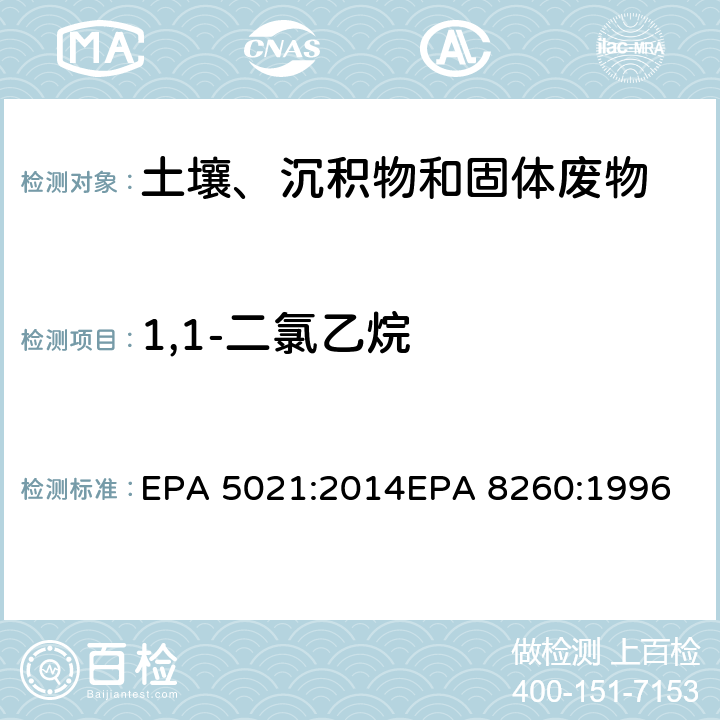 1,1-二氯乙烷 使用平衡顶空分析土壤和其他固体基质中的挥发性有机化合物挥发性有机物气相色谱质谱联用仪分析法 EPA 5021:2014
EPA 8260:1996