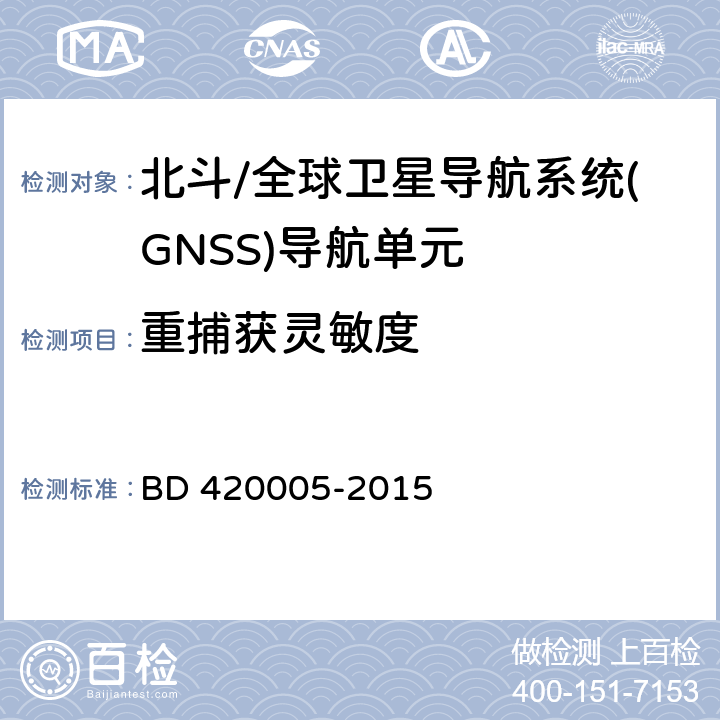 重捕获灵敏度 《北斗/全球卫星导航系统(GNSS)导航单元性能要求及测试方法》 BD 420005-2015 5.4.7.2